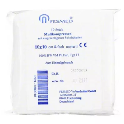 MULLKOMPRESSEN ES 10x10 cm unsteril 8fach, 10 St