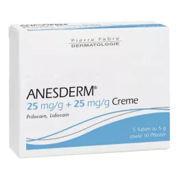 ANESDERM 25 mg/g + 25 mg/g Creme + 10 Pflaster, 5X5 g